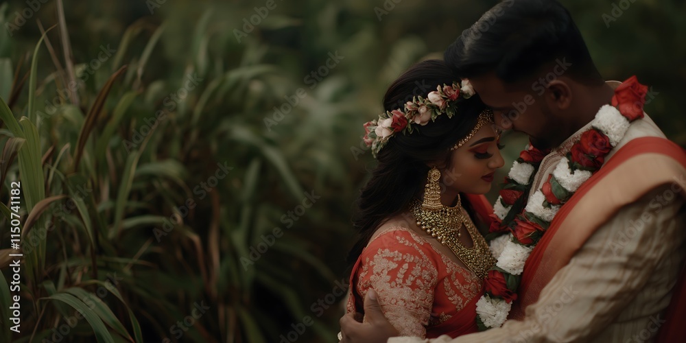 Closeup portrait of Indian couple in traditional wedding costumes. Happy bride and groom in festive garlands celebrating wedding. Cultural heritage and love concept Closeup portrait of Indian couple in traditional wedding costumes. Happy bride and groom in festive garlands celebrating wedding. Cultural heritage and love concept