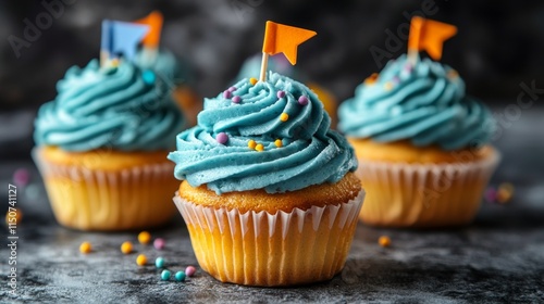 Colorful cupcakes with blue frosting and decorative flags at a dessert display
