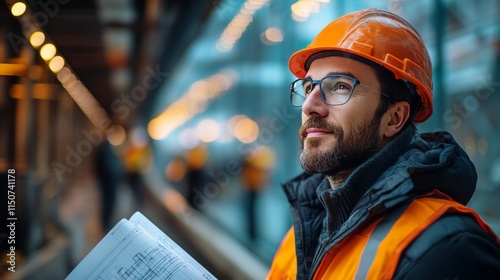 Construction worker evaluates project plans on site during golden hour at a m...