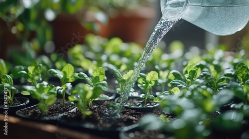 Watering young green plants in pots on a sunny day in a gardening space