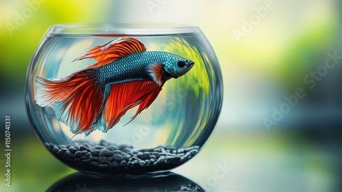 Vibrant betta fish swims gracefully in a round aquarium filled with pebbles a...