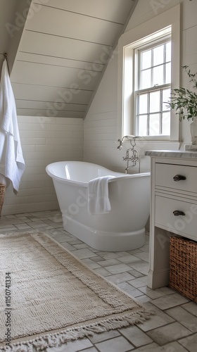 Elegant modern bathroom with freestanding tub and natural light in a serene s...