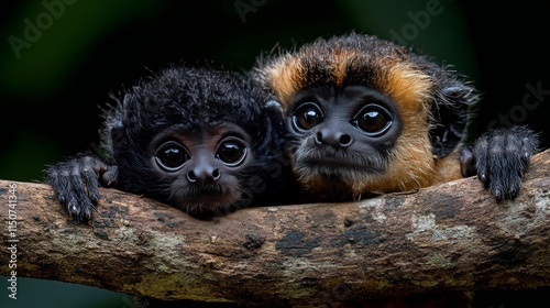 Playful monkeys clinging to tree branch in lush environment during daylight