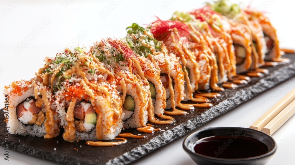 Colorful Sushi Rolls Served on a Black Slate Platter with Sauce
