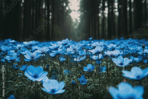 Vibrant blue flowers blooming in a serene forest setting during daylight hours