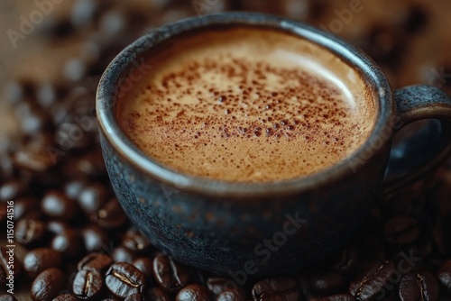 Rich coffee served in a dark cup surrounded by roasted coffee beans on wooden...