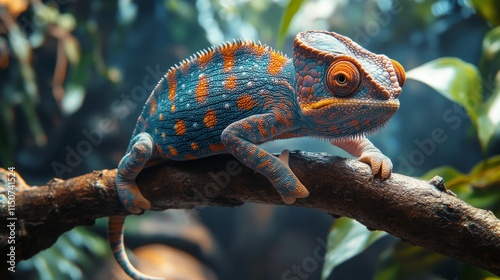 Colorful chameleon resting on a branch in a lush tropical environment