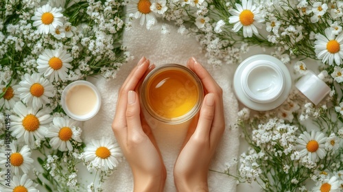 Variety of natural skincare products arranged on a textured surface with fres...