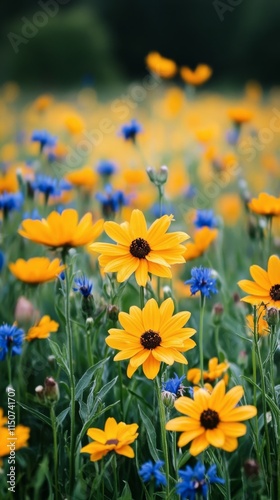 Vibrant yellow and blue wildflower field in late spring with lush green background