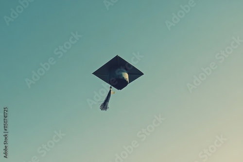 Graduating student celebrates achievement by tossing cap into the blue sky during ceremony