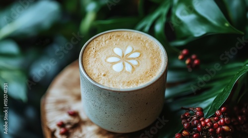 Delicious cup of latte art with heart design served in blue ceramic mug