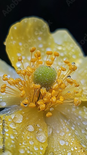 Bright yellow flower with dew drops in a lush green environment during a sunn...