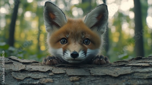Curious young fox peeks through green foliage in a forest during daylight hours