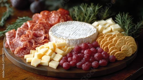 Gourmet cheese and charcuterie platter with fresh grapes and crackers for a f...
