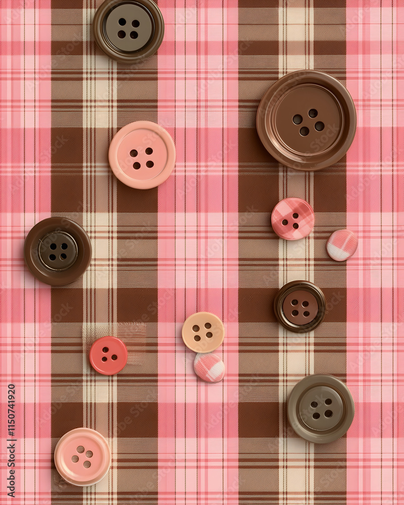 Colorful buttons scattered on a pink and brown plaid fabric background during a creative crafting session Colorful buttons scattered on a pink and brown plaid fabric background during a creative crafting session