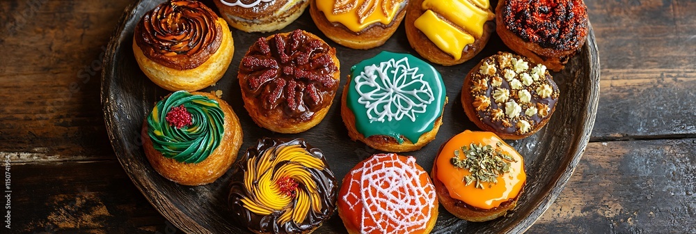 An assortment of Oktoberfest pastries with vibrant icing and intricate designs on a rustic plate An assortment of Oktoberfest pastries with vibrant icing and intricate designs on a rustic plate