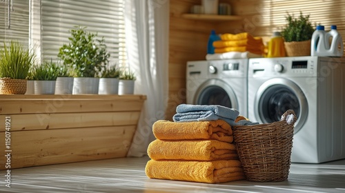 Fresh and organized towels and toiletries arranged in a bright and airy bathr...