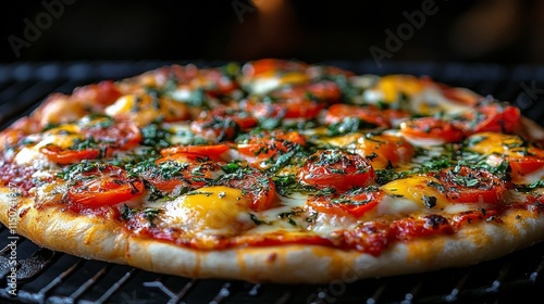 Delicious fresh-baked pizza topped with olives, vegetables, and herbs on a st...