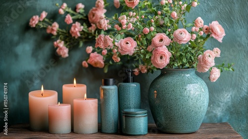 Relaxing atmosphere with candles and flowers in a cozy setting during the eve...