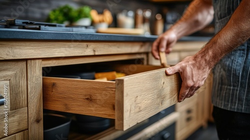 Wooden drawer opening in a modern kitchen while preparing ingredients and too...