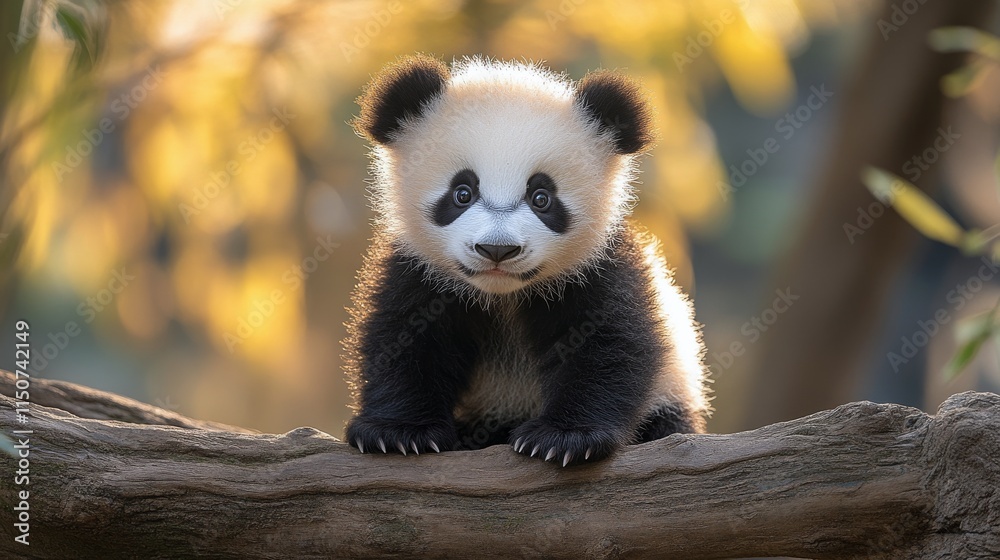 Obraz premium Cute panda cub sitting on a tree branch in a natural habitat during daytime