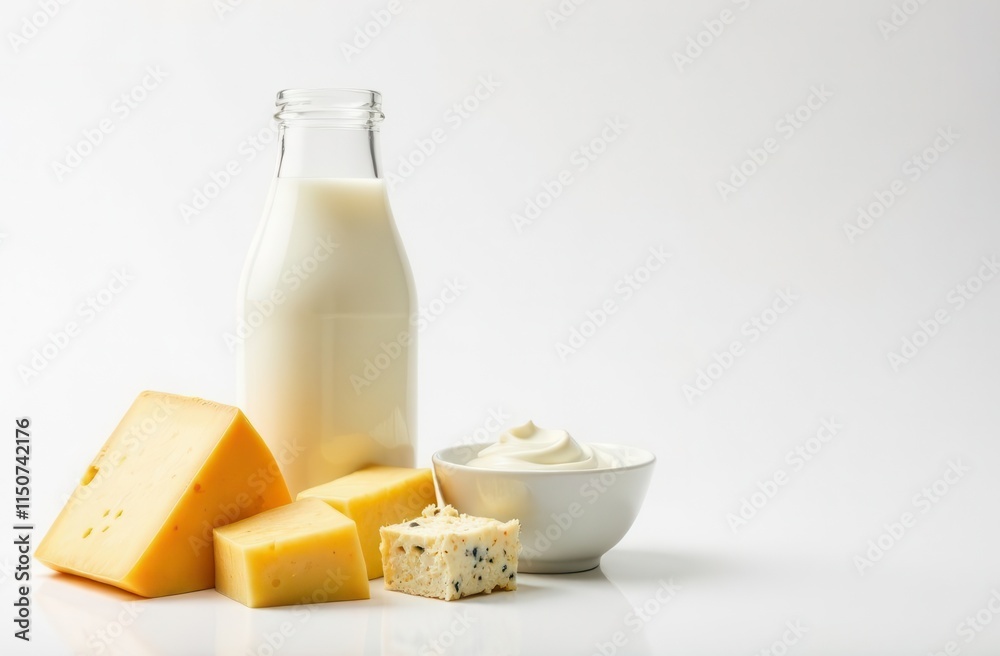 Dairy products on a white background with space for text. Milk, cheese, kefir, butter on a white background. Sign for a supermarket. Dairy products on a white background with space for text. Milk, cheese, kefir, butter on a white background. Sign for a supermarket.