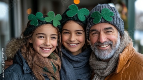 Family celebration wearing festive hats during St Patricks Day festivities in...