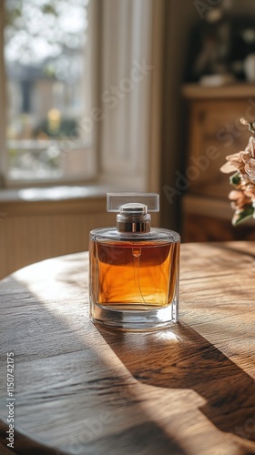 Elegant perfume bottle on wooden table in sunlit room with flowers and soft s...
