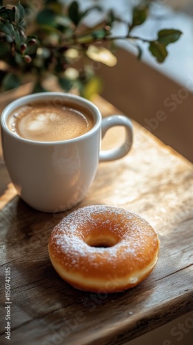Morning coffee and donut on rustic wooden table with heart latte art