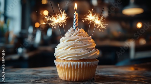Celebrate with a sparkling cupcake adorned with festive candles and colorful ...