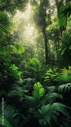 Lush green rainforest with dappled sunlight filtering through tall trees in a...