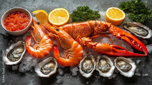 Seafood platter featuring fresh shrimp, lobster, oysters, and lemon slices on...