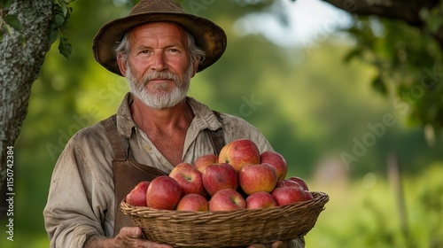 Smiling farmer harvesting apples in a sunlit orchard during autumn season