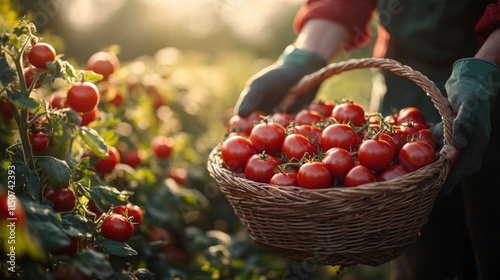Harvesting ripe tomatoes in a sunlit garden with vibrant green foliage