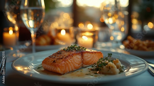 Outdoor dining experience with fresh food and sunset in a serene garden setting