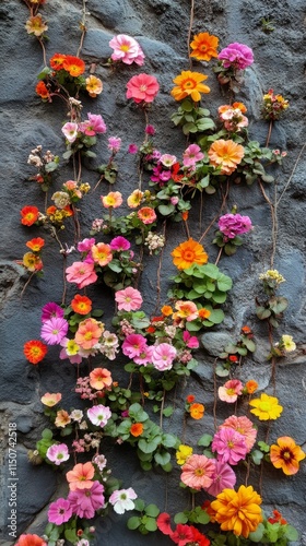 Colorful floral wall design with vibrant blooms in various shades of orange, ...