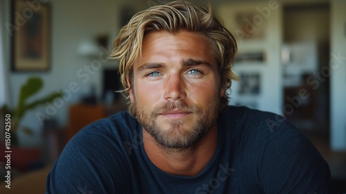 Young man with tousled hair and blue eyes smiles warmly in a cozy indoor setting