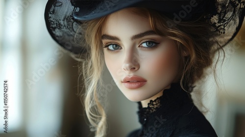 Elegant woman with stunning eyes wearing a fashionable black hat and lace out...