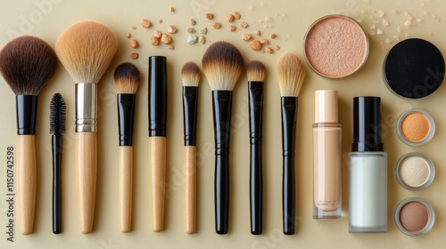 Essentials for a flawless makeup application with brushes and cosmetics arran...