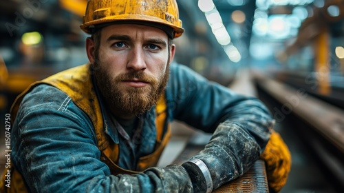 Construction worker prepares for work at urban site during overcast afternoon