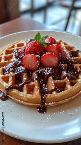 Delicious waffles topped with fresh strawberries and chocolate sauce served i...