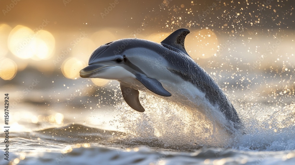 Obraz premium Dolphin leaps gracefully through glistening waves at sunset over the ocean