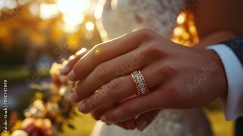 Couple embraces in elegant wedding attire holding a rose in a romantic setting