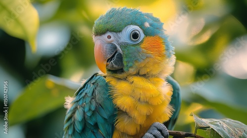 Colorful parrot perched on branch during golden hour in a vibrant garden