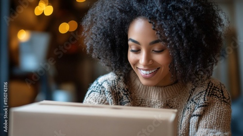 Smiling woman holds a delivery box in a cozy indoor setting during the winter...