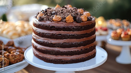 Chocolate cake decorated for a special occasion with assorted baked goods in ...