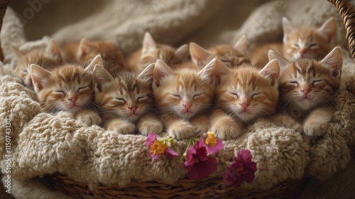 Cozy orange kittens peacefully sleeping in a woven basket at a sunny indoor s...
