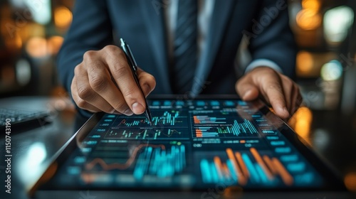 Business professional analyzing data trends on tablet during evening meeting