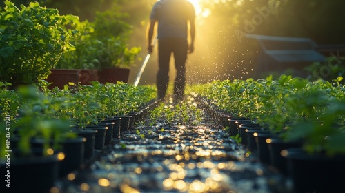 Dedicated gardener tending to vibrant flowers at sunset in a blooming garden