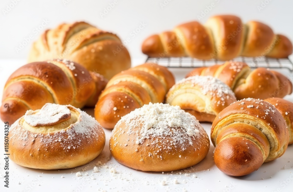 Fresh pastries on a white background. Bread, buns, croissants on a white background. Appetizing bakery. Fresh pastries on a white background. Bread, buns, croissants on a white background. Appetizing bakery.